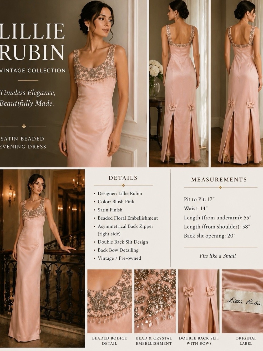 Lillie Rubin Vintage Satin Beaded Dress Blush Pink Formal Small